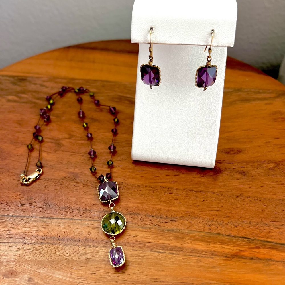 Set of Artisan Amethyst & Peridot Necklace and Amethyst Drop Earrings
